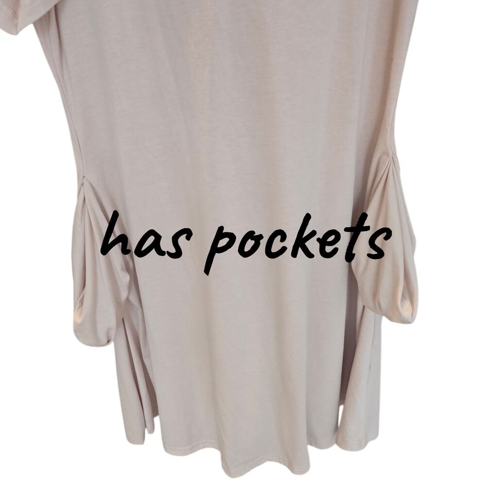 Taupe Beige Ruffle Sleeve Dress Size L Soft Stretch Side Pockets - Picture 5 of 7